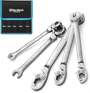 DURATECH Ratcheting Flare Nut Wrench Set, Open End Wrench Set, Metric, 5-Piece, 10, 12, 13, 14, 17mm, CR-V Steel, Organizer Pouch Included