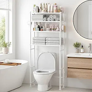 GloTika 4-Tier Over The Toilet Storage, 200lb Total Capacity Metal Bathroom Organizer with 36" Clearance, Includes Paper Holder & 4 Hooks, Space Saving Rack for Bathroom Laundry Room (64" H, White)