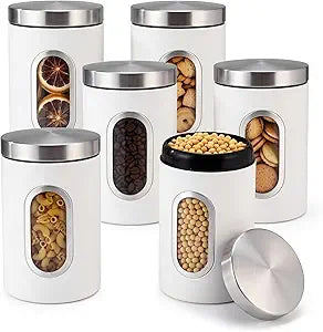 Zopeal 6 Pack White Canisters Sets For The Kitchen With See Through Window Stainless Steel Food Storage Canister Set Metal Jar for Kitchen Counter for Coffee Tea Candy Cookie