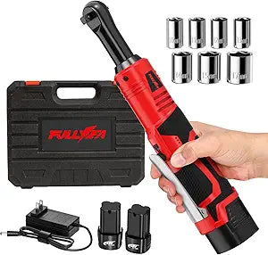 FULLYEA Electric Ratchet Wrench Set, 550 RPM Cordless Ratchet Wrench, 3/8" 18V Power Ratchet Tools with Variable Speed, LED Light, 7 Sockets, 2 Packs 2.0Ah Battery and Fast Charger