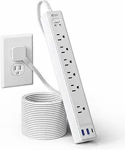 10Ft Flat Extension Cord with Multiple Outlets, Surge Protector Power Strip
