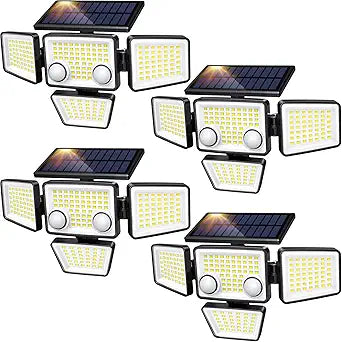 LYWALT Solar Lights Outdoor - 3000LM 188 LED Motion Sensor Outdoor Lights, 4 Heads IP65 Waterproof Powered Security Flood Lights, 270Wide Lighting Angle Wall Light with Sensors for Backyard (4 Pack)