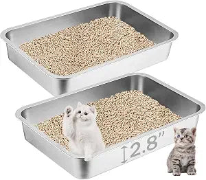2 Pack Stainless Steel Cat Litter Box, 17.7"13.8"2.8" Metal Litter Pan, Small Litter Box for Little Cats Kittens, Easy Cleaning