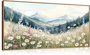 Large Misty Spring Daisy Mountain Framed Canvas Wall Art Set,Neutral Flower Forest Landscape Wall Decor,Modern Foggy Wildflower Field Artwork for Living Room,Bedroom,Office-40 x20