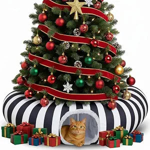 Frienda Black and White Cat Tunnel Bed Christmas Tree Skirt with Cushion and Ball Detachable Donut Tunnel for Indoor Cats Stripes Cat Cave for Kitten, Puppy, Rabbit, Ferret, Small Animals