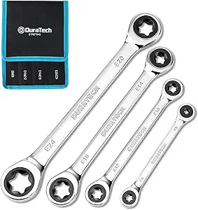 DURATECH 4-Piece E-Torx Wrench Set, Double Box End Ratcheting Wrench Set, Including E6 * E8, E10 * E12, E14 * E18 and E20 * E24, 72-Teeth, CR-V Steel, Mirror-Polished with Rolling Pouch