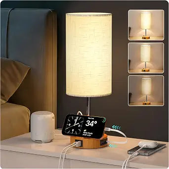 17.7" Touch Bedside Table Lamp for Bedroom,USB A+C, USB C Retractable Cable