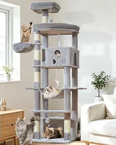 Taoqimiao 79 Inches XXL Cat Tree for Large Cats, for Oversized Cats, Multi-Level Cat Tower, 2 Spacious Cat Condo with 6 Scratching Posts, Hammcock & Cozy Basket, Cat Toys, Light Gray, S10W