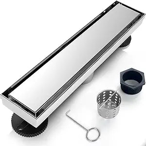 12 Inch Linear Shower Drain Silver Floor Drain for Bathroom Kitchen Rectangular 2 in 1 Floor Drain Tile Insert Cover 304 Stainless Steel Easy Install with Hair Strainer, Adjustable Leveling Feet