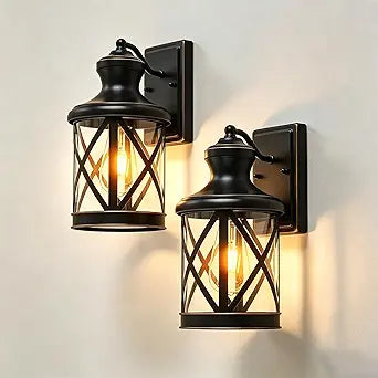 Outdoor Wall Lights, Porch Lights, Waterproof Outdoor Wall Sconce, Exterior Light Fixtures Matte Black with Bubbles Glass Shade (Glossy Black with Golden Outline, 2 Pack)