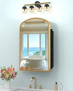Bathroom Medicine Cabinet with Mirror, Wall Mount or Recessed Bathroom Mirror with Storage, Full-Metal 2 Adjustable Shelves and 1 Cabinet Organizer, Modern and Luxury Daisy Decor Bling Gold 20x28 Inch