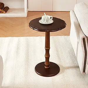 zyz Vintage Side Table, Round Solid Wood Pedestal End Table, Accent Table Nightstand for Living Room Bedroom Bedside, Coffee Drink Reading Narrow Table for Sofa Couch Corner Office Small Spaces