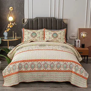Bohemian Twin Size Comforter Quilt Sets -2 Pieces Red Quilts (1Quilt,1 Pillow Shams) with Reversible Bedspreads Bohemian Patchwork Bedding Set Sleep Companion