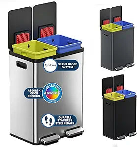 iTouchless 16 Gallon / 60L Dual Kitchen Trash Can & Recycle Bin, 2x8 Gal Removable Buckets, Soft-Close Stainless Steel Step Pedal, Fingerprint-Resistant, AbsorbX Odor Filter  Brushed Silver