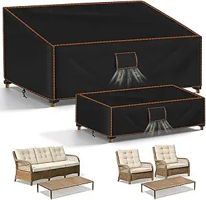 2PCS Patio Furniture Set Covers, 420D Waterproof Outdoor Furniture Cover Fit Patio Furniture Outdoor 3 Seat Sofa 79"W x 35"D x 33"H and Table 46"W x 26"D x 13"H, Triple Windproof and Anti-UV, Black