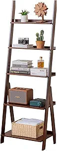 Maydear Bamboo Ladder Shelf Bookcase, 5-Tier Leaning Bookshelf Free Standing Organizer Storage Shelves for Living Room, Bedroom, Kitchen, Home Office, Balcony, Dark Walnut