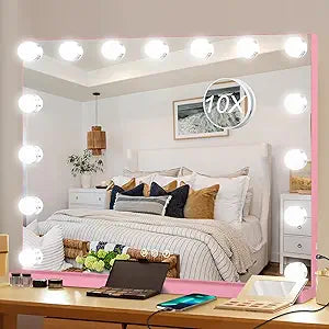 Moonee Vanity Mirror with Lights, Pink Hollywood Lighted Makeup Mirror with 15 Dimmable Bulbs and 10X Magnification, 3 Colors Modes, Aluminum Metal Frame, Light Up Mirror for Tabletop/Wall23" x 18"