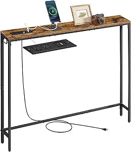 VASAGLE Console Table with Power Outlet, Slim Behind Couch Sofa Table, 5.9 x 39.4 x 31.5 Inches, 1 Hook, Easy Assembly, for Entryway, Living Room, Rustic Brown and Ink Black ULNT079K01