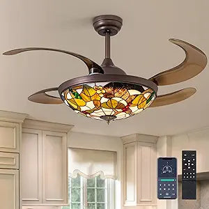 48" Tiffany Ceiling Fan with Light Colorful Fandelier Vintage Chandelier Fan 48 Inch Stained Glass Ceiling Fan Retractable Blades Vintage Fandelier with Tiffany Light for Bedroom Living Room