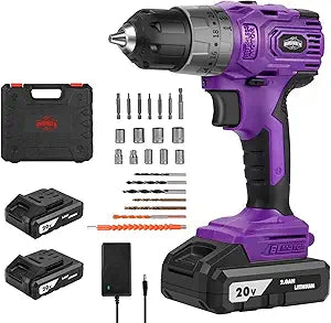 Purple Brushless Cordless Drill Set, 20V Compact Power Driver Kit with Electric Motor, 20+3 Torque Setting, 48 N.m, 2 Variable Speed, 23pcs Driver Bits, and Tool Box for Women Men Home DIY