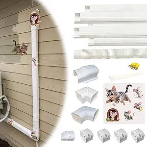 Mini Split Line Set Cover 4 Inch 10Ft with Cat & Mouse Cartoon Sticker Decor, DIY PVC Kit for Minisplit, AC, Heat Pump, Easy Install Decorative Cover with Instructions Γ White