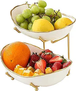 2 Tier Ceramic Fruit Bowl for Kitchen Counter, Tiered Fruit Basket for Countertop, Modern Multi Layer Fruit Display Stand for Party, Cute (Gold-rimmed, Small)