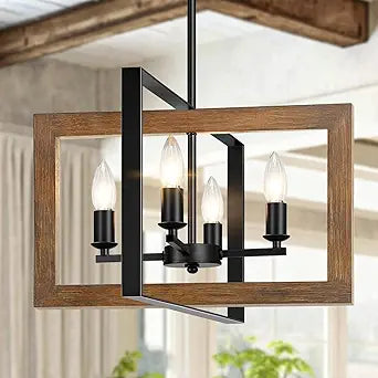 11"-55" Height Adjustable Real Wood Chandelier, No Assembly Required 4-Light Rustic Dining Room Light Fixture Over Table, Hanging Chandelier for Kitchen Living Room Foyer Entryway