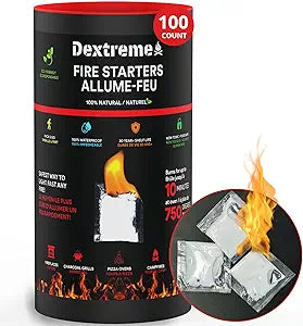 Dextreme Quick Instant Fire Starter - Waterproof All-Purpose Indoor & Outdoor Firestarter, for Charcoal Starter, Campfire, Fireplace, BBQ, Survival and Wood Stove (100 Pcs Tube)