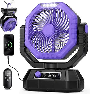 MKG Camping Fan Rechargeable, Oscillating Battery Powered Hanging Tent Fan with Light and Remote, Portable for Camp, Outdoor, Emergency Power Outage, Fishing, RV Travel (Purple)