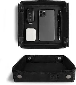 Hide & Drink, Leather Catchall Change Keys Coins Jewels Box Tray Big Storage, Handmade - Charcoal Black