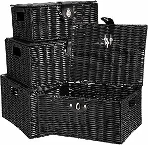 HAKZEON 3 pcs Wicker Storage Basket Boxes, 3 Size Resin Woven Wicker Storage Boxes with Lid Lock, Woven Hamper Box for Bathroom, Home, Laundry, Bedroom, Black