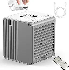Portable Mini Air Conditioner,BIESQYA 3-in-1 Personal Small Ac Unit Cooler, 3 Speed USB Powered Desk Fan,Swamp Evaporative Windowless Humidifier for Room Office Camping Car,Grey