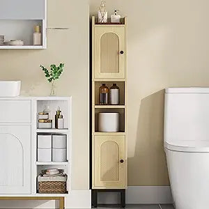 Hzuaneri Slim Bathroom Storage Cabinet, Narrow Bathroom Organizers and Storage with 4 Adjustable Feet, Laundry Room Organization for Small Space, Kitchen, Living Room, 2 Doors Rattan Yellow BC22402Y