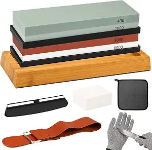 10-Piece Knife Sharpening Stone Set, Professional Whetstone 4 Side 400/1000 3000/8000 Grit, Whetstone Knife Sharpener Stone Kit, Non-slip Base, Leather Strop, Nagura Stone and Angle Guide