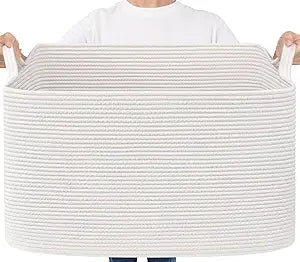 Goodpick 85L Large Woven Blanket Basket 23.6" x 15.7" x 13.8" Cotton Rope Storage Baskets for Organizing, Soft Dirty Clothes Basket for Bedroom Bathroom, Toy Baskets Storage Kids, White