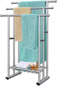 40" Tall Freestanding Towel Racks for Bathroom, 3 Tier Floor Towel Rack with Storage Basket, Blanket Ladder Drying and Display Rack for Large Bath & Hand Towel Outdoor Poolside