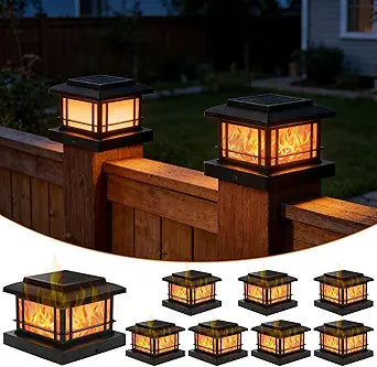 8 Pack Solar Post Cap Lights Outdoor with Flickering Flame, Fence Post Solar Lights Fit for 4x4 3.5x3.5 Wooden Vinyl Posts, Waterproof Solar Lamp for Garden, Deck, Patio, Yard Decor (Black)