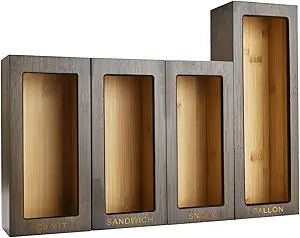Bamboo Food Bag Organizer for Kitchen Drawer, Baggie organizer, Compatible with Gallon, Quart, Sandwich and Snack Variety Size Bags (4 Piece Set) (Vintage Brown)