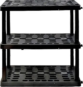 Oskar Heavy Duty Plastic Storage Shelves- for Garage, Kitchen, Bathroom Basement Kids Room, Stackable 3-Tier Black Organizer Rack for Books Shoes, Toys, Pantry, Cleaning and Closet Organization