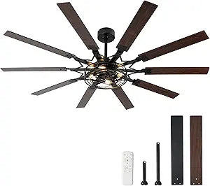 65 Inch Ceiling Fans with Lights, Farmhouse Ceiling Fan with Remote Rustic Caged Industrial Design, Dual Finish 10 Blades Black Ceiling Fans with Quiet Reversible Motor for Living Room Bedroom Patio