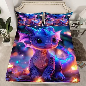 Castle Fairy Cute Dragon Fitted Sheet Twin Size Mysterious Jungle Bedding Set 2Pcs Kawaii Western Dragon Animal Bed Sheet for Kids Room Decor Glitter Plant Deep Pocket Sheet