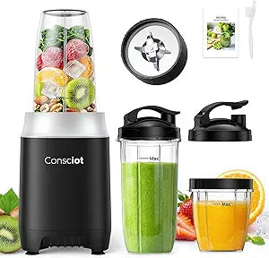 Consciot CB10 11Pcs Personal and Countertop Blender Combo, Make Shakes and Smoothies, Frozen Drinks, Baby Food, Spreads & More, 3 Portable BPA Free To-Go Cups, 2 Spout-Lids & 1 Flat-Lid, 900 Peak Watt