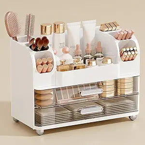 UFORU Makeup Organizer for Vanity with 2 Large Drawers, Cosmetic Display Case with Brush Holders, Easy to Storage for Bathroom Countertop Skincare, Perfume, White