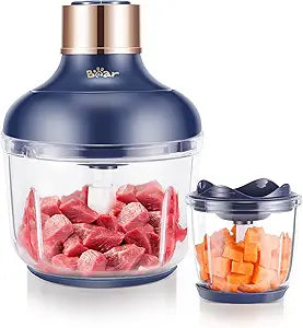 Bear Food Processor, Electric Food Chopper with 2 Glass Bowls (8 Cup+2.5 Cup), 400W Power Grinder with 2 Sets Stainless Steel Blades, 2 Speed for Meat, Vegetables, and Baby Food