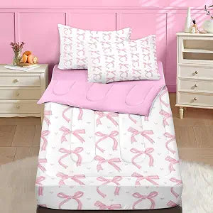Nesker Twin Zipper Bedding, Ribbon Bow Knot Zipper Bedding Sets for Girls, 3pcs All in on one, Cute Pink Bow Kids Comforter Set with Fitted Sheet and 1 Pillowcase