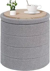 PINPLUS Round Storage Ottoman Foot Rest Stool with Tray Velvet Sherpa Folding Storage Ottoman,Boucle Foot Rest for Living Room, Bedroom, Dorm, Dorm,Grey Color