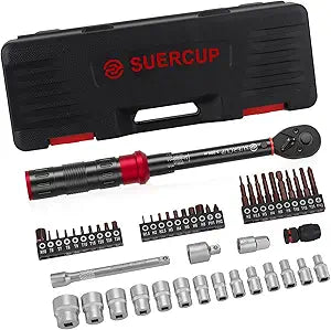SUERCUP 1/4" 50 PCS Torque Wrench Set, 3-25Nm 72 Tooth Drive Click Torque Wrench Set with S2 Bit Sockets, 1/4" Extension Bar and 3/8" Adapter, Used for Bicycle Maintenance and DIY
