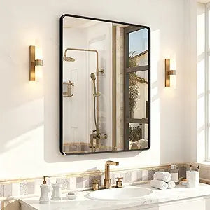 OKPAL 28X36 Inch Black Metal Framed Bathroom Mirror for Wall, Matte Black Bathroom Vanity Mirror, Black Rounded Rectangle Modern Mirror, Rustproof, Shatter-Proof (Horizontal/Vertical)