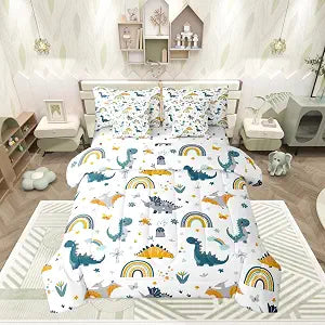Erosebridal Cartoon Dinosaur 7 Pcs Bedding Set Cute Rainbow King Comforter Set for Boys Girls Kids | Ancient Wildlife Dino Bed in A Bag with Flat and Fitted Sheet Star Butterfly Bed Set