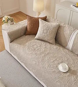 Luxury Vintage Cotton Embroidery Sofa Cover Soft Farmhouse Seat Cushion Cover Floral Quilted Sectional Couch Cover Anti-Slip Sofa Slipcovers Furniture Protector for Dogs Cats (Khaki,36"x70")